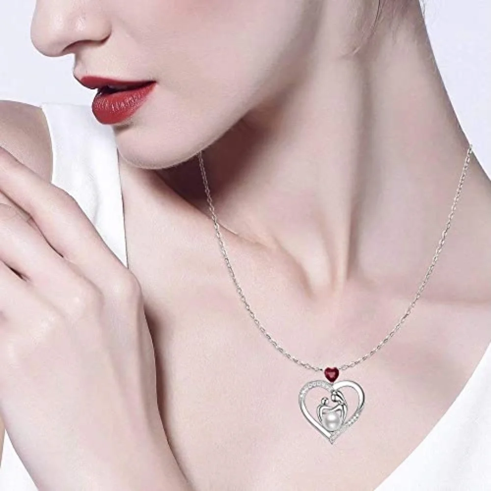 ALWAYS MY MOM Grandma Red Stone Pearl Heart Pendant Chain Necklace